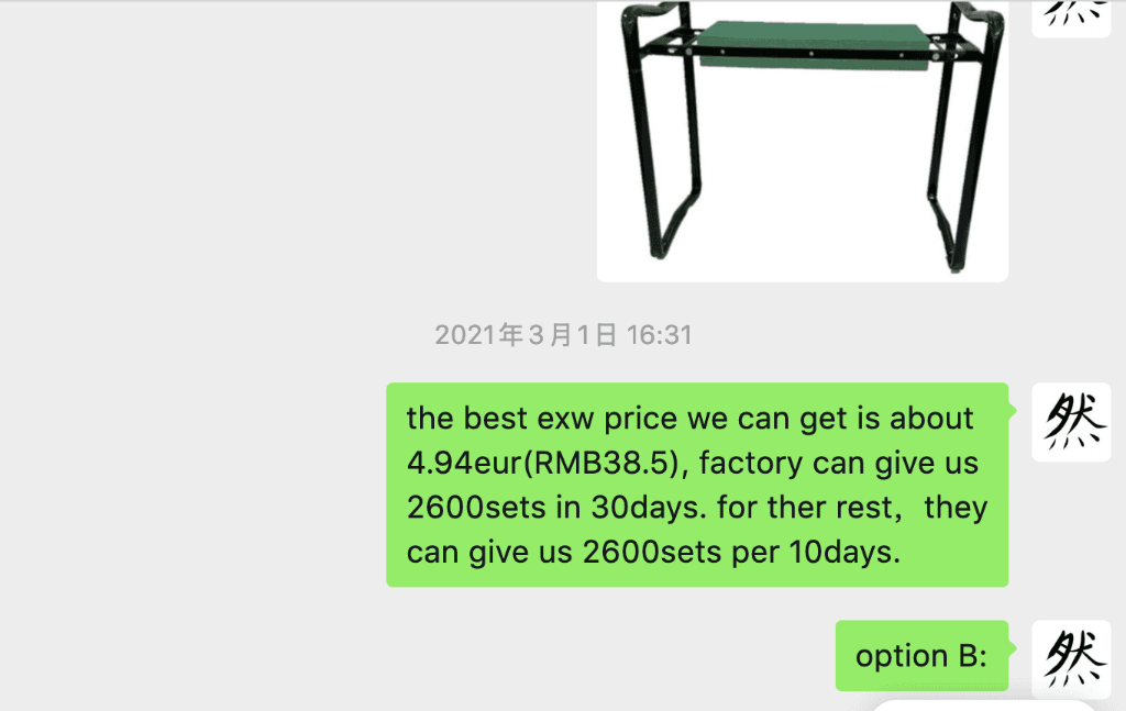 Chat discussing price and production schedule for garden kneeler