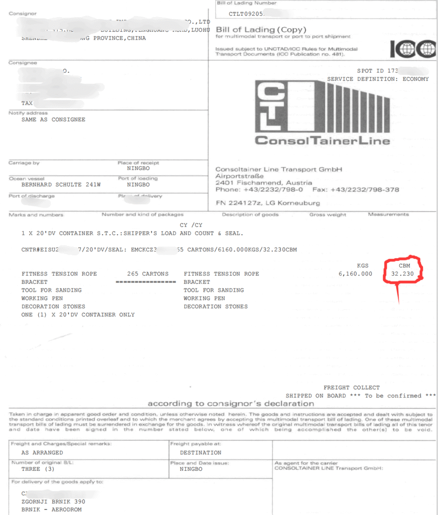 Bill of lading document for shipment details