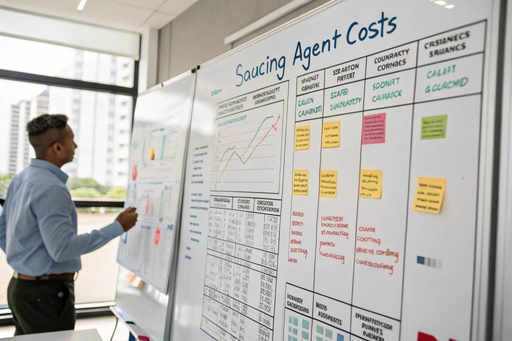 Manager analyzing sourcing agent costs on whiteboard