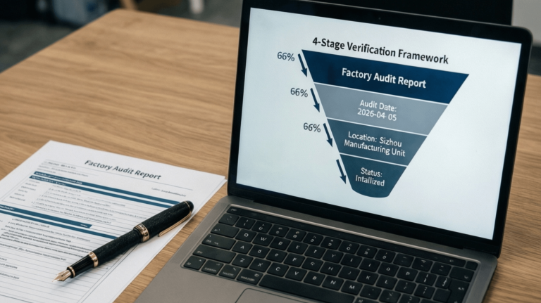 Factory audit report displayed on a laptop