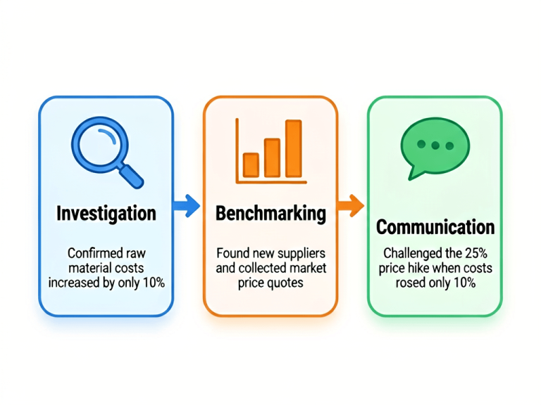 three-step flowchart showing investigation, benchmarking, and communication