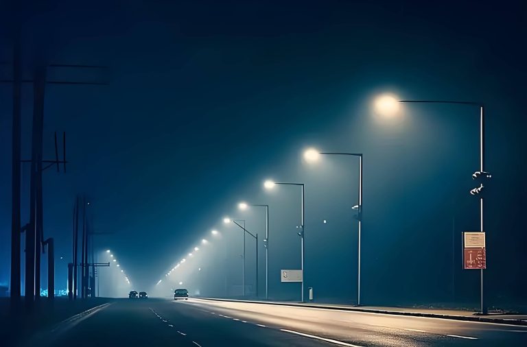 Night road illuminated with streetlights