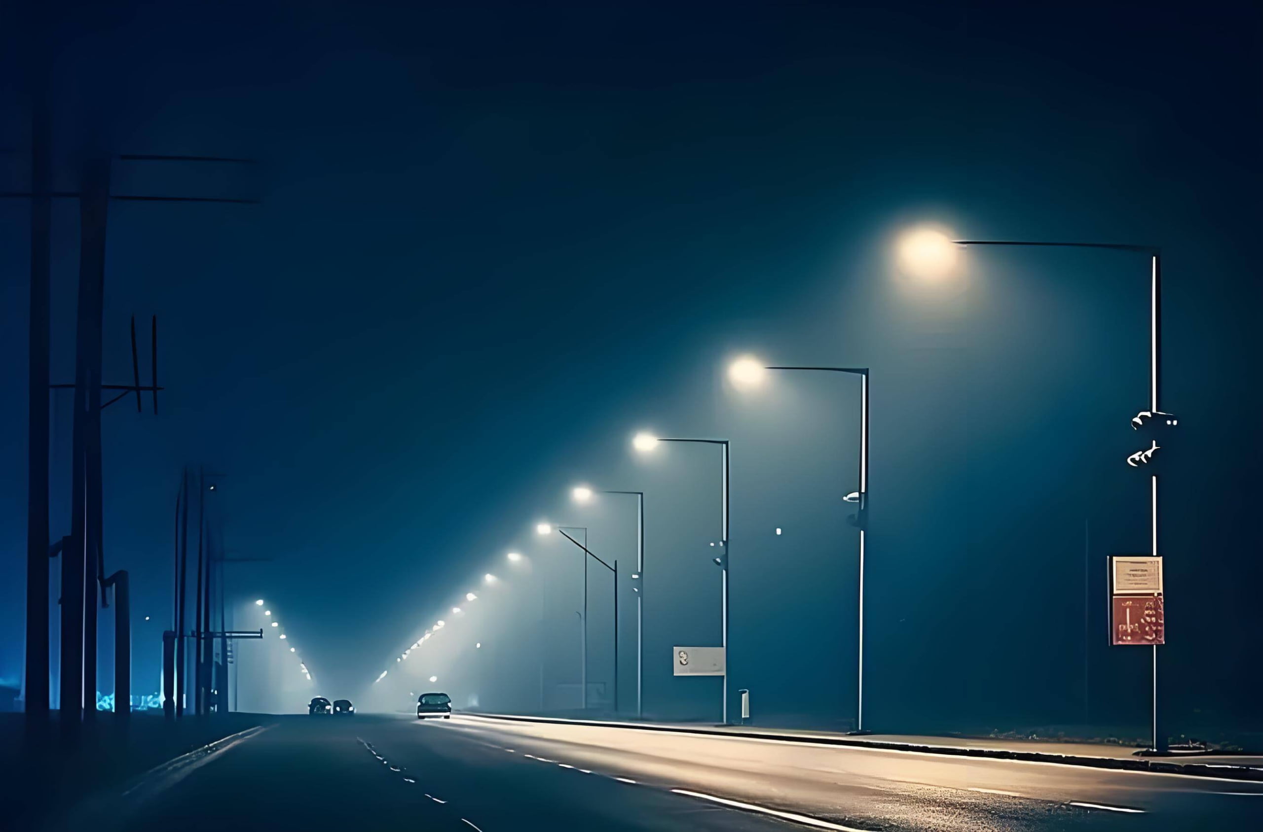 Night road illuminated with streetlights