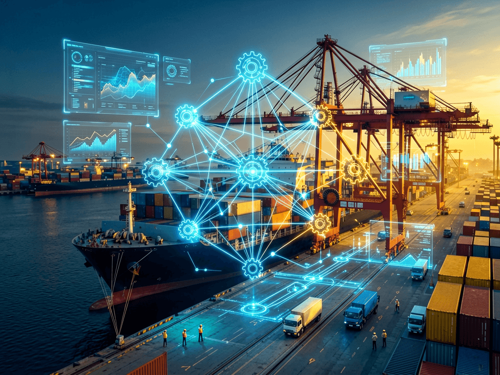 ai-china-sourcing-2026-hero A high-tech digital layer showcasing AI icons floating over a modern Chinese container port terminal, representing AI-augmented China sourcing.