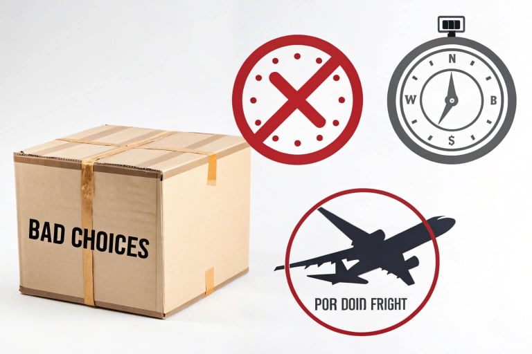 %[Three icons representing bad choices: taped box, delayed clock, air freight plane