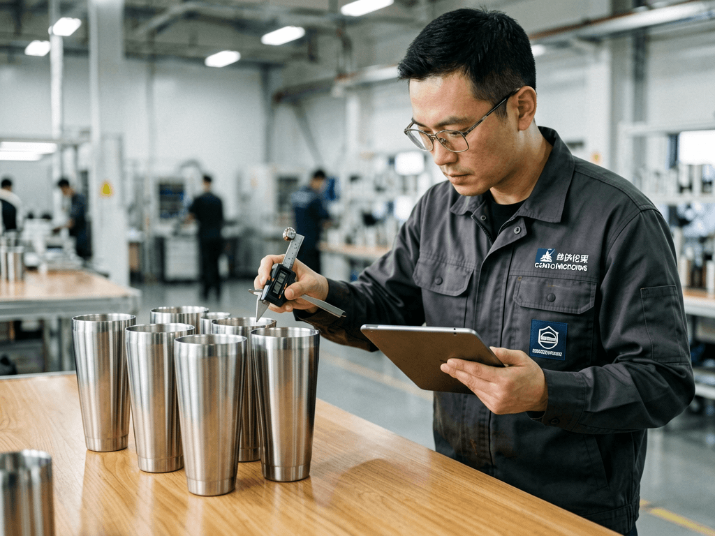 on-site-factory-qc-inspection-china A professional quality control inspector holding a digital tablet while checking stainless steel products on a Chinese factory conveyor line