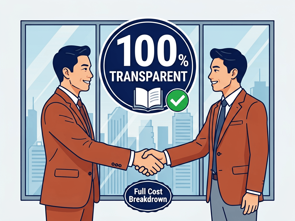 100% transparent cost breakdown Business transparency with handshake symbol